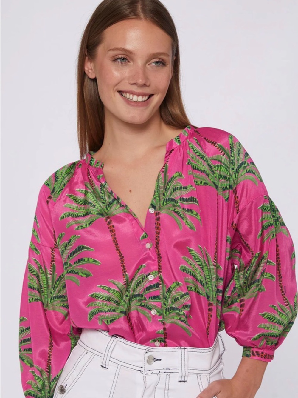 Vilagallo Hot Pink Palm-Print Button Front Blouse